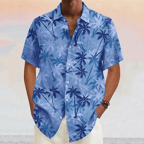 

Men's Shirt Coconut Tree Graphic Prints Turndown Yellow Pink Wine Navy Blue Blue Outdoor Street Short Sleeves Print Clothing Apparel Fashion Designer Casual Soft