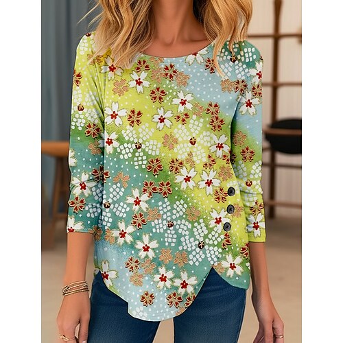 Women's T shirt Tee Yellow Red Green Floral Print Long Sleeve Holiday Weekend Basic Round Neck Regular Floral Painting S
Women's T shirt Tee Yellow Red Green Floral Print Long Sleeve Holiday Weekend Basic Round Neck Regular Floral Painting S