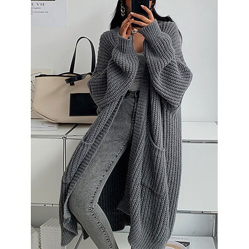 

Women's Cardigan Sweater V Neck Ribbed Knit Acrylic Pocket Fall Winter Long Outdoor Daily Going out Stylish Casual Soft Long Sleeve Solid Color Camel Beige Gray One-Size