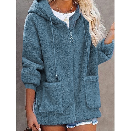 

Women's Teddy Coat Fall Sherpa Jacket Street Winter Short Coat with Hood Vacation Going out Warm Stylish Daily Casual Jacket Long Sleeve Plain with Pockets Black Blue Army Green