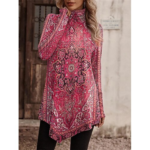 Women's T shirt Tee Red Floral Print Long Sleeve Holiday Weekend Basic High Neck Long Floral Painting S
Women's T shirt Tee Red Floral Print Long Sleeve Holiday Weekend Basic High Neck Long Floral Painting S