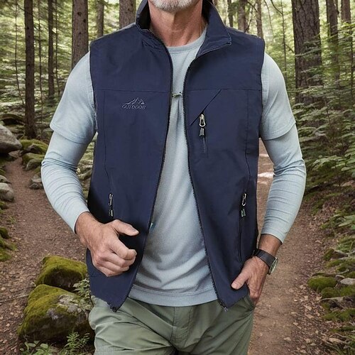 

Men's Waterproof Fishing Vest Hiking Vest Sleeveless Outerwear Jacket Zip Top Outdoor Windproof Ultra Light (UL) Quick Dry Autumn / Fall Spring Back Venting Design Chinlon Solid Color Red Army Green