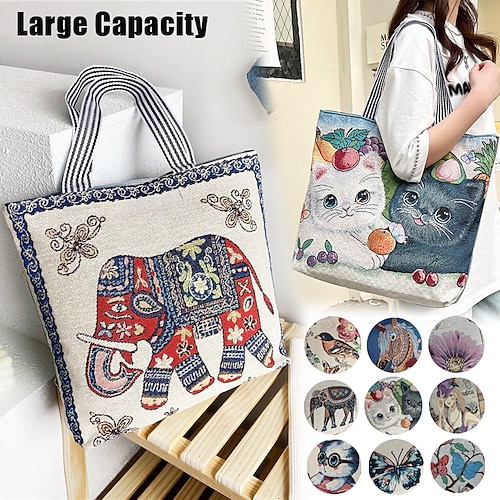 

Women's Tote Shoulder Bag Canvas Tote Bag Oxford Cloth Shopping Daily Zipper Print Large Capacity Lightweight Durable Cat Flower Folk Lotus Butterfly Unicorn