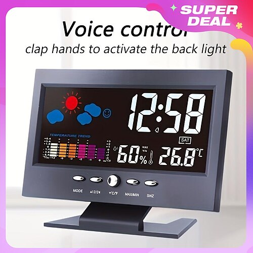 

Weather Clock With Time Date Week Temperature Humidity Display Weather Forecast Function With Voice-activated Backlight Function 15.6X4X9.6CM/6.13.71.5in