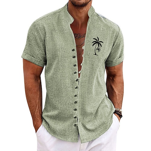 

Men's Shirt Linen Shirt Coconut Tree GraphicStand Collar Blue Green Khaki Light Blue Gray Outdoor Street Short Sleeve Print Clothing Apparel Linen Shirt Fashion Streetwear Designer Casual