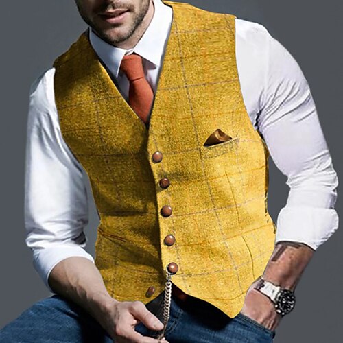 

Men's Vest Waistcoat Daily Wear Vacation Fashion Vintage Spring & Fall Button Polyester Comfortable Plain Single Breasted Collarless Regular Fit Buff Light Grey Vest