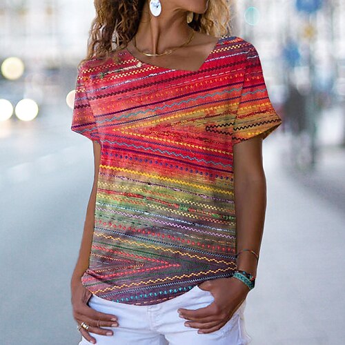 Women's T shirt Tee Red Striped Print Short Sleeve Daily Weekend Basic V Neck Regular Painting S
Women's T shirt Tee Red Striped Print Short Sleeve Daily Weekend Basic V Neck Regular Painting S