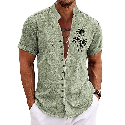 

Men's Shirt Coconut Tree Graphic Prints Stand Collar Blue Purple Green Khaki Gray Outdoor Street Short Sleeve Print Clothing Apparel Fashion Streetwear Designer Casual
