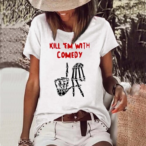 Mulheres Camiseta Preto Branco Rosa Caveiras Letra Imprimir Manga Curta dia das Bruxas Final de semana Básico Decote Redondo Kill Me With Comedy Pintura
Mulheres Camiseta Preto Branco Rosa Caveiras Letra Imprimir Manga Curta dia das Bruxas Final de semana Básico Decote Redondo Kill Me With Comedy Pintura