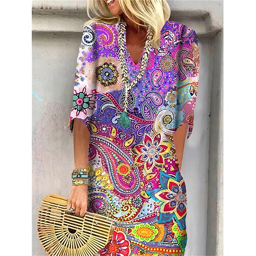 

Women's Shift Dress Summer Dress Floral Paisley Print Split Neck Midi Dress Active Fashion Outdoor Daily Half Sleeve Regular Fit Red Blue Lavender Summer Spring S M L XL XXL