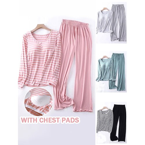 

Women's Loungewear Sets 2 Pieces Stripe Fashion Casual Comfort Street Daily Date Polyester Breathable Crew Neck Long Sleeve Pant Summer Spring Black Pink