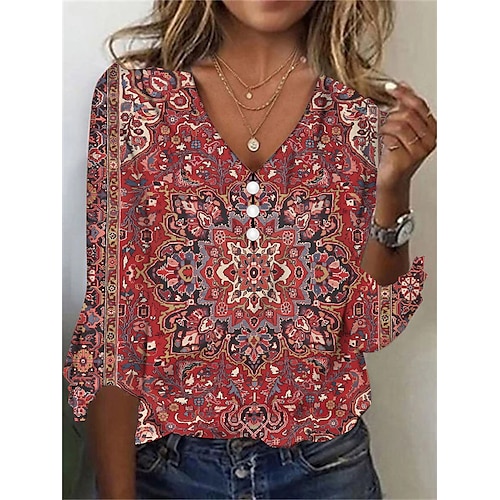 

Women's T shirt Tee Henley Shirt Floral Vintage Ethnic Button Print Holiday Weekend Daily Basic 3/4 Length Sleeve V Neck Red Fall & Winter