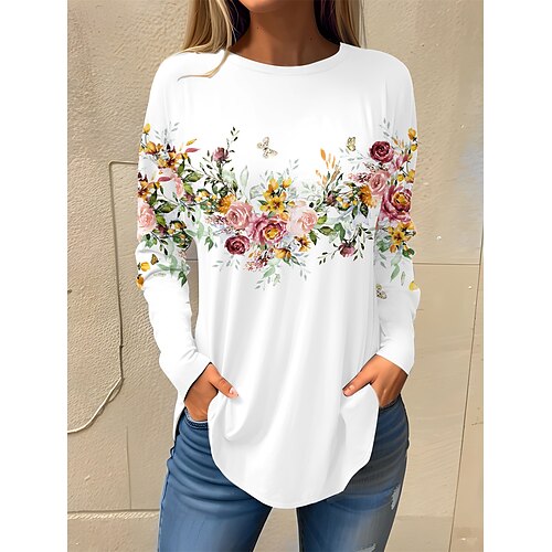 

Women's T shirt Tee Floral Holiday Weekend Print White Long Sleeve Basic Round Neck Fall & Winter