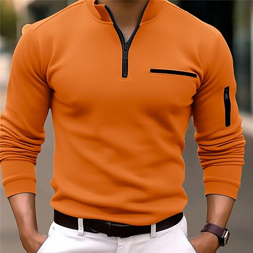 

Men's Polo Shirt Quarter Zip Polo Work Daily Wear Quarter Zip Long Sleeve Fashion Comfortable Plain Pocket Zip Up Spring & Fall Regular Fit Black White Navy Blue Orange Polo Shirt