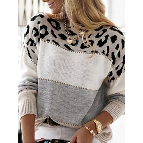 

Women's Pullover Sweater Jumper Crew Neck Ribbed Knit Cotton Patchwork Print Fall Winter Daily Going out Weekend Stylish Casual Soft Long Sleeve Leopard Color Block Striped Yellow Pink Red S M L