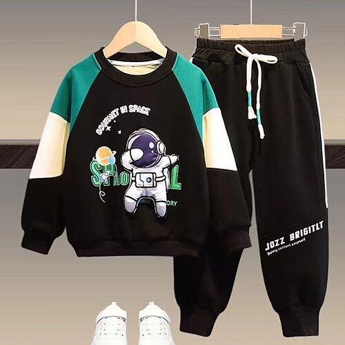

2 Pieces Kids Boys Hoodie & Pants Sweatshirt & Pants Clothing Set Outfit Color Block Letter Astronaut Long Sleeve Pocket Set School Sports Fashion Daily Fall Winter 7-13 Years Black Navy Blue Gray