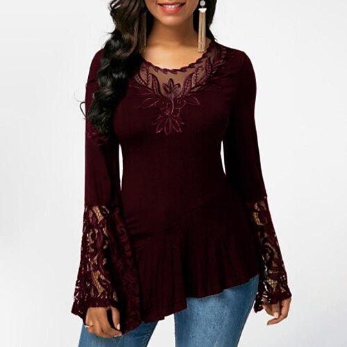 

Women's Lace Shirt Shirt Blouse Plain Black Wine Navy Blue Lace Long Sleeve Casual Basic Round Neck Regular Fit Bell Sleeve Spring & Fall