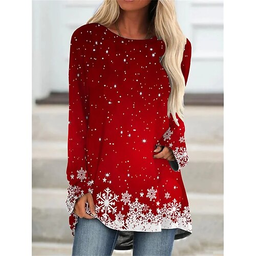

Women's T shirt Tee Red Blue Purple Snowflake Print Long Sleeve Daily Weekend Daily Basic Round Neck Regular Fit Painting Fall Winter