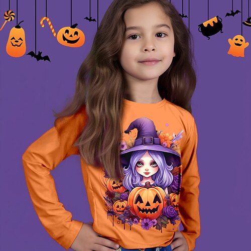 

Halloween Girls' 3D Cartoon Pumpkin T shirt Tee Long Sleeve 3D Print Fall Winter Active Fashion Daily Polyester Kids 3-12 Years Halloween Casual Regular Fit