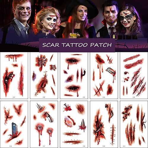 10 hojas 3d cicatrices falsas tatuaje temporal kit de maquillaje de halloween, puntadas falsas tatuajes cortados miedo cara herida sangre chucky cicatrices tatuajes para niños mujeres hombres niños niñas zombie maquillaje pegatina
10 hojas 3d cicatrices falsas tatuaje temporal kit de maquillaje de halloween, puntadas falsas tatuajes cortados miedo cara herida sangre chucky cicatrices tatuajes para niños mujeres hombres niños niñas zombie maquillaje pegatina