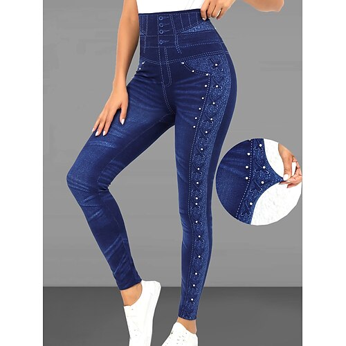 

Women's Slim Pants Trousers Full Length Cotton Faux Denim High Cut Print High Elasticity High Waist Fashion Streetwear Street Causal Black Blue S M Summer Fall