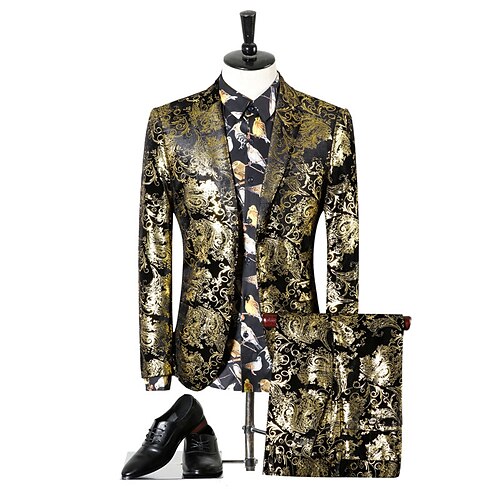 

Gold Men's Wedding Prom Suits 2 Piece Printed Tailored Fit Single Breasted Two-buttons 2023