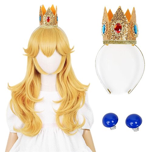 

Золотой парик принцессы с серьгами и короной блондинка длинные волнистые персиковый парик для детей костюм на Хэллоуин косплей