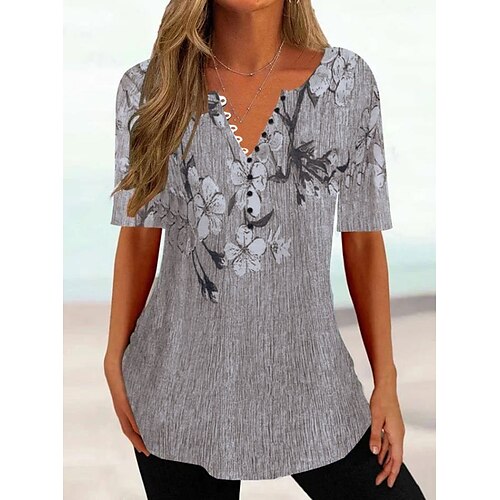 

Women's T shirt Tee Henley Shirt Floral Button Print Holiday Weekend Tunic Basic Short Sleeve Round Neck White