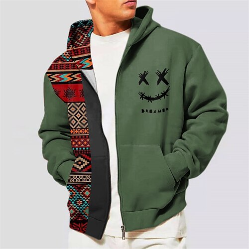 

Halloween Smile Face Hoodie Mens Graphic Color Block Tribal Prints Ethnic Classic Casual 3D Zip Jacket Outerwear Holiday Vacation Streetwear Hoodies Black Native American Beige Cotton