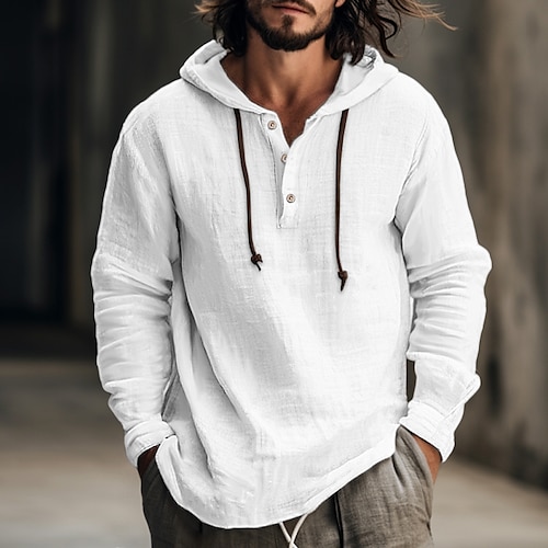 

Men's Shirt Linen Shirt Hooded Shirt White Blue Brown Long Sleeve Stripes Hooded Spring & Summer Casual Daily Clothing Apparel