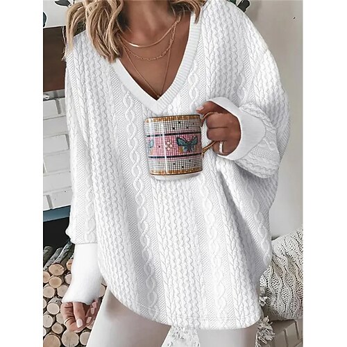 

Women's Pullover Sweater Jumper V Neck Ribbed Knit Polyester Oversized Fall Winter Outdoor Daily Going out Stylish Casual Soft Long Sleeve Solid Color Black White Purple S M L