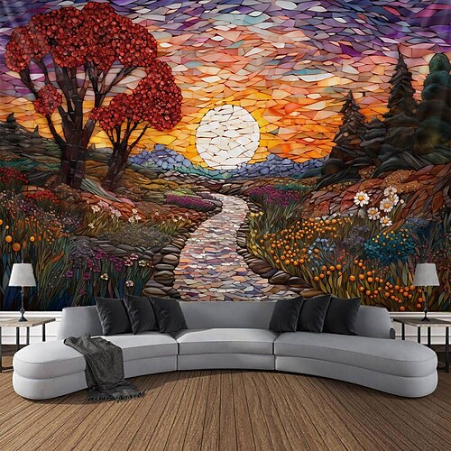 

Stained Glass Landscape Hanging Tapestry Wall Art Large Tapestry Mural Decor Photograph Backdrop Blanket Curtain Home Bedroom Living Room Decoration