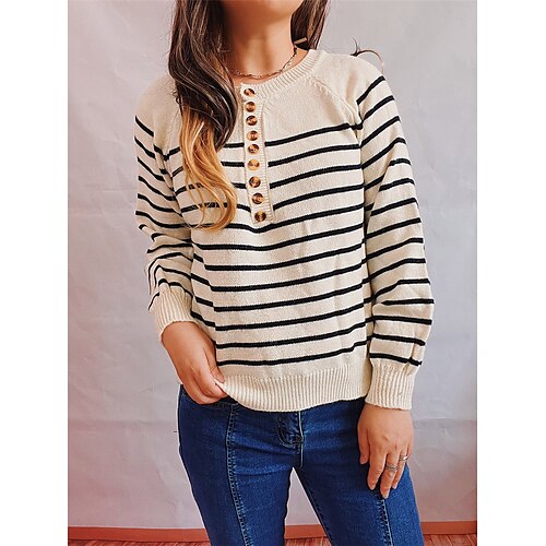 Women's Pullover Sweater Jumper Jumper Ribbed Knit Button Striped Crew Neck Stylish Casual Daily Going out Fall Winter Navy Blue Beige S M L
Women's Pullover Sweater Jumper Jumper Ribbed Knit Button Striped Crew Neck Stylish Casual Daily Going out Fall Winter Navy Blue Beige S M L