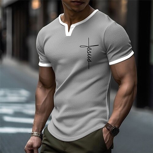 

Letter Faith Designer Casual Men's 3D Print Graphic Tee Waffle T Shirt Outdoor Daily Vacation T shirt Blue Brown Green Short Sleeve V Neck Shirt Spring & Summer Clothing Apparel S M L XL 2XL 3XL