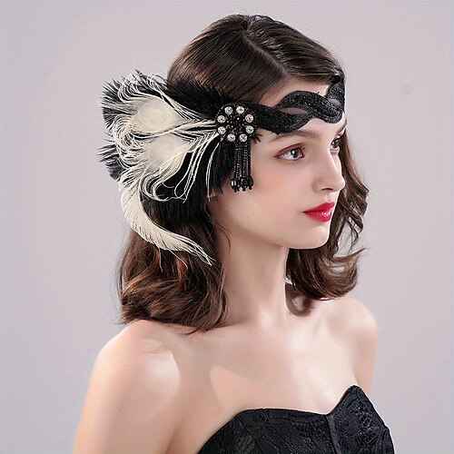 

Diadema de plumas de imitación estilo flapper de los años 20 con banda de encaje elástica, tocado de plumas de imitación con borla de cuentas de cristal, tocado para mujer