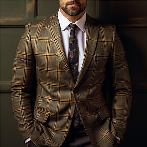 

Men's Cocktail Attire Blazer Plaid Suit Business Formal Evening Wedding Party Fashion Casual Spring & Fall Polyester Plaid / Check Geometic Pocket Casual / Daily Single Breasted Two-button Blazer