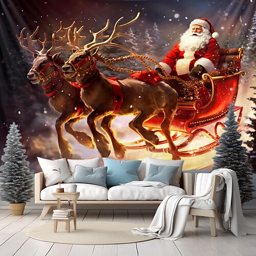 

Christmas Santa Sled Hanging Tapestry Wall Art Xmas Large Tapestry Mural Decor Photograph Backdrop Blanket Curtain Home Bedroom Living Room Decoration