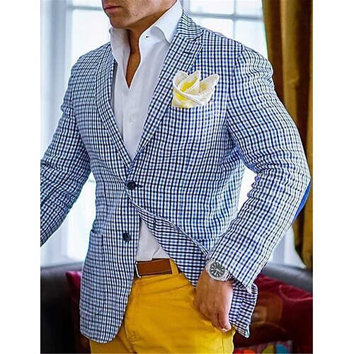 

Men's Suits Blazer Formal Evening Wedding Party Birthday Party Fashion Casual Spring & Fall Polyester Plaid / Check Geometic Pocket Casual / Daily Single Breasted Blazer Blue