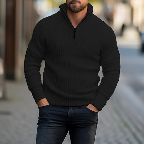 

Men's Knitwear Pullover Ribbed Knit Zipper Knitted Plain Quarter Zip Keep Warm Modern Contemporary Daily Wear Going out Clothing Apparel Fall & Winter Black White S M L