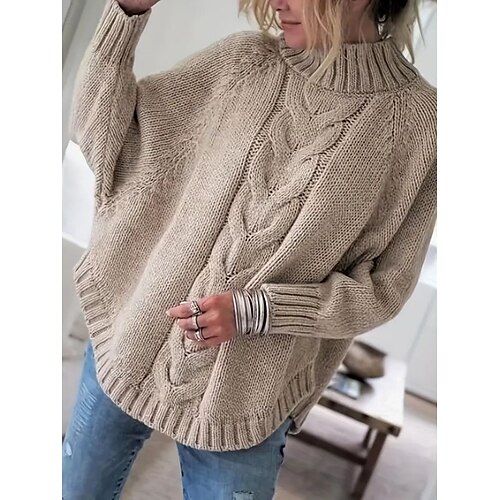 

Women's Pullover Sweater Jumper Stand Collar Cable Knit Cotton Blend Oversized Batwing Sleeve Fall Winter Regular Outdoor Daily Going out Stylish Casual Soft Long Sleeve Solid Color Black Yellow Pink