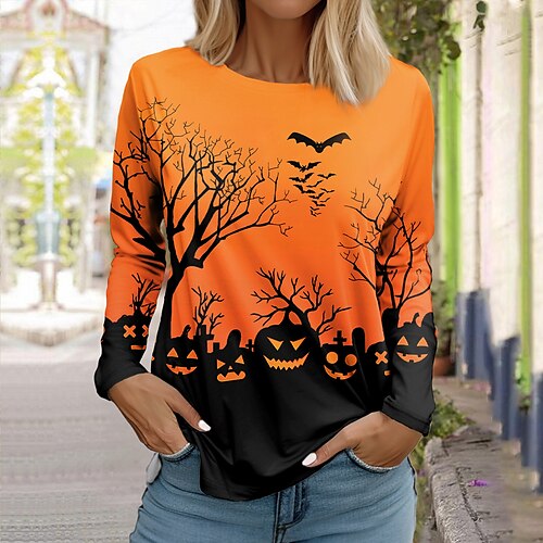 Women's T shirt Tee Halloween Shirt Pink Blue Purple Graphic Pumpkin Print Long Sleeve Halloween Weekend Fashion Round Neck Regular Fit Painting Spring Fall
Women's T shirt Tee Halloween Shirt Pink Blue Purple Graphic Pumpkin Print Long Sleeve Halloween Weekend Fashion Round Neck Regular Fit Painting Spring Fall