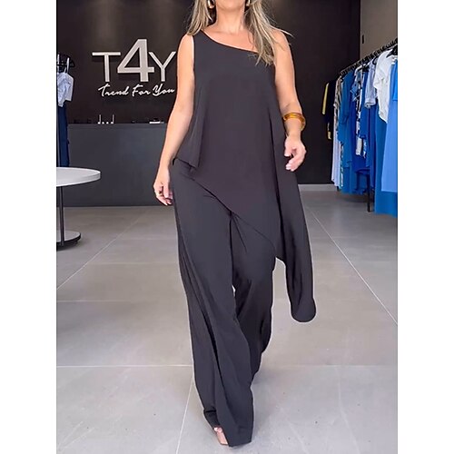 Women's Tank Top Pants Sets Black Solid Color Sleeveless Casual Fashion One Shoulder Regular Fit Spring Summer
Women's Tank Top Pants Sets Black Solid Color Sleeveless Casual Fashion One Shoulder Regular Fit Spring Summer