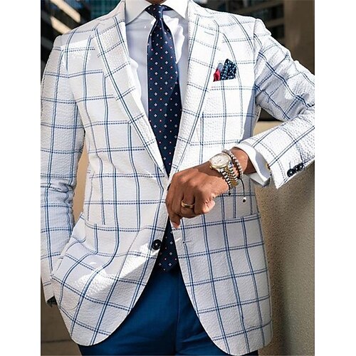 

Men's Suits Blazer Formal Evening Wedding Party Birthday Party Fashion Casual Spring & Fall Polyester Plaid / Check Geometic Pocket Casual / Daily Single Breasted Blazer Blue Purple