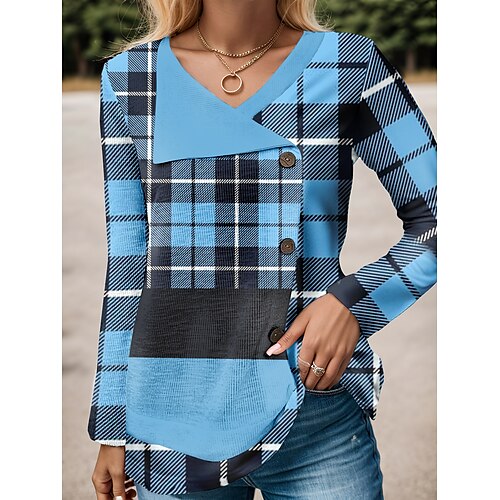 Femme T shirt Tee Bleu Plaid Bouton Imprimer manche longue du quotidien Fin de semaine Mode Col V Standard Peinture Printemps Automne
Femme T shirt Tee Bleu Plaid Bouton Imprimer manche longue du quotidien Fin de semaine Mode Col V Standard Peinture Printemps Automne