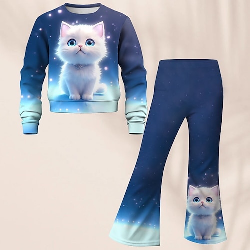 

Girls' 3D Cat Set Sweatshirt & Bell bottom Galaxy Long Sleeve 3D Print Fall Winter Active Fashion Daily Polyester Kids 3-12 Years Crew Neck Outdoor Date Vacation Regular Fit
