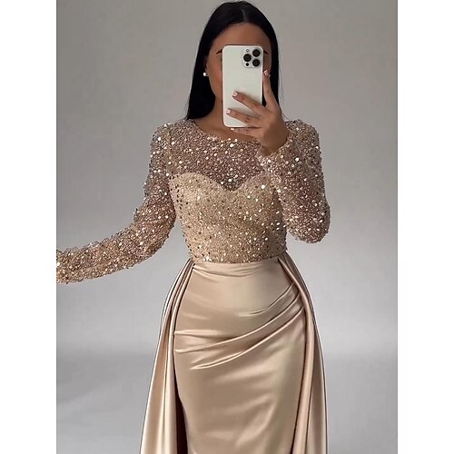 

Mermaid Sequin Evening Gown Ruched Satin Dress Long Sleeves Floor Length Sparkle Illusion Neck Prom Wedding Guest Dress with Pearls Overskirt 2024