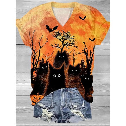 Women's Halloween Shirt Yellow Navy Blue Orange Cat Pumpkin Print Short Sleeve Halloween Weekend Festival / Holiday V Neck Regular Fit Floral Painting Summer
Women's Halloween Shirt Yellow Navy Blue Orange Cat Pumpkin Print Short Sleeve Halloween Weekend Festival / Holiday V Neck Regular Fit Floral Painting Summer