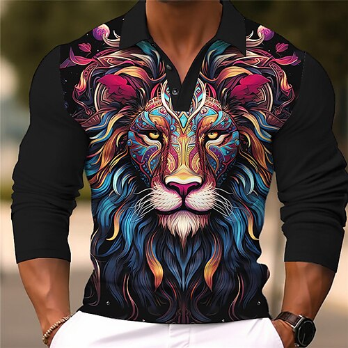 

Lion Elk Abstract Men's 3D Print Golf Polo Outdoor Casual Daily Streetwear Polyester Long Sleeve Turndown Polo Shirts Blue Gold Fall & Winter S M L Micro-elastic Lapel Polo