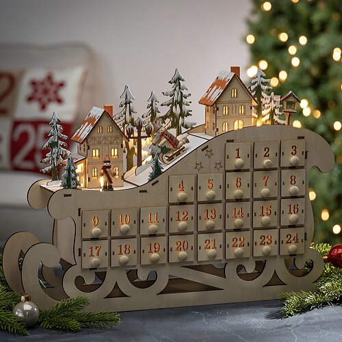 

Christmas Advent Calendar, 2023 Light Up Table Xmas Wooden Sleigh Holiday Decoration with Countdown Drawer, Village, for kids Adults, Natural Wood Color