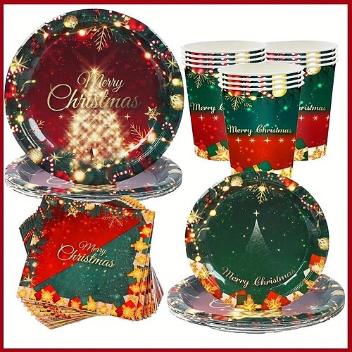 

Christmas Red Green Tableware Christmas Party Dinner Decoration Disposable Dinner Plate Paper Napkins Table Cloth Paper Cup